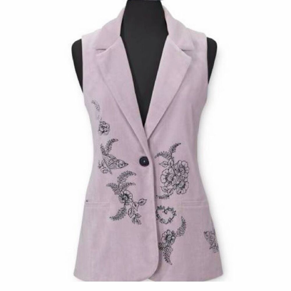 Pyramid Collection Velveteen Floral Bird Vest Lavender Women 2X NEW